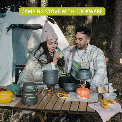 WAILAMHK Camping Cookware Mess Kit, 16 pcs Backpacking Cooking Set, Lightweight Camping Pots and Stove Set for 1-2 Person, Outdoor Cooking Gear Ideal for Camping, Hiking, Backpacking and Picnic
