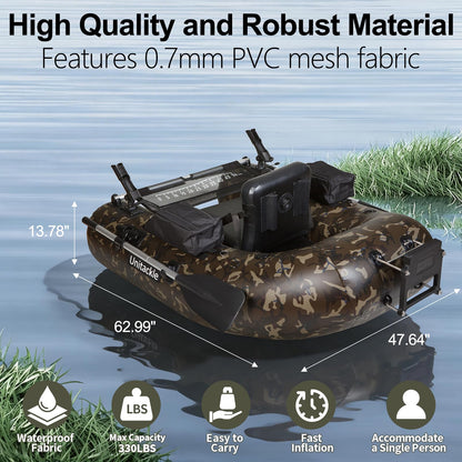 UNITACKCLE Inflatable Fishing Float Tube, Belly Boat Fishing with Storage Bags, Adjustable Straps, Pump, Fish Ruler, 2 Paddle, 2 Rod Holders, Motor Bracket Float Tube for 330 LBS Load Capacity