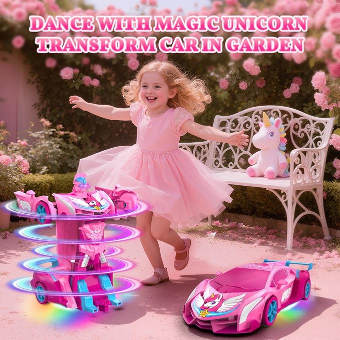 Unicorn Transform RC Cars for Girls Toys with Rainbow Eyes &amp Underbody Lights Fast 360°Rotation &amp 2.4GHz Robot Remote Control Car One-Button DeformationEaster Basket Stuffers for 3-12 Year O