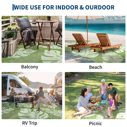 Garvee 9x18 Outdoor Rug Waterproof Reversible Mat Leaf Tropical Patio Rug with 4 Stakes and Starage Bag Portable Outdoor Straw Plastic Area Rug for Camping Porch Deck Rv Balcony Backyard Beach, Sage