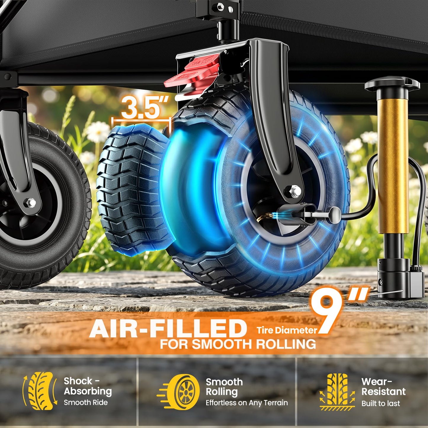 All-Terrain Beach Wagon with 9x3.5IN Big Inflatable Rubber Wheels for Sand, 240L Collapsible Wagon Cart, 450lbs Heavy Duty, Quiet Smooth Ride, Puncture-Resistant Tires, Side Pockets, Black