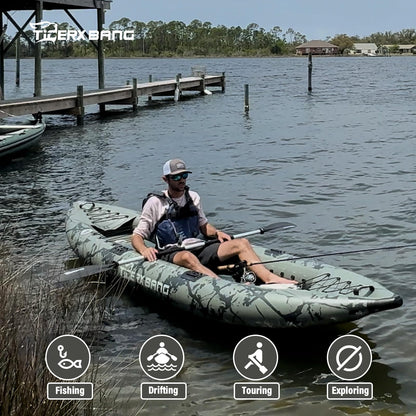 TIGERXBANG Inflatable Kayak with Detachable Seat,12.6'x40''x10.6''SUP-Kayak Set (Hand Pump/Aluminium Paddle/Backpack/and Multi-Functional Base),Adult/Youth Kayak Boat for Fishing ，Touring
