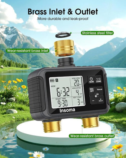 Insoma Water Timer - 2-Zone Brass Inlet & Outlet Hose Timer for Garden | Auto/Manual/Rain Delay Modes