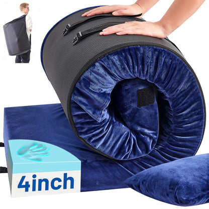 Easthome Twin Memory Foam Camping Mattress Pad with Pillow - Extra Thick 4 Inch Sleeping Pad for Camping, Waterproof Roll Up Mattress Topper for Adults Car Truck Tent Guest Bed, Travel Bag, Navy Blue