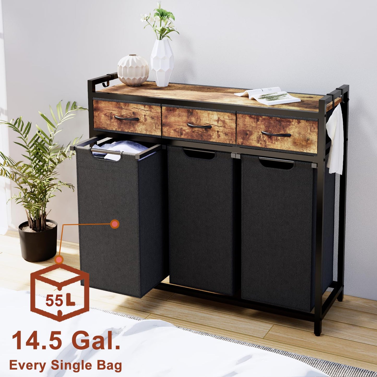 Timberer Laundry Hamper, Laundry Sorter 3 Section, Rolling Laundry Basket with Wheels, 3 Drawers, 3 × 14.5 Gal (55 L), Pull-Out and Removable Oxford Fabric Bags, Black and Rustic Brown