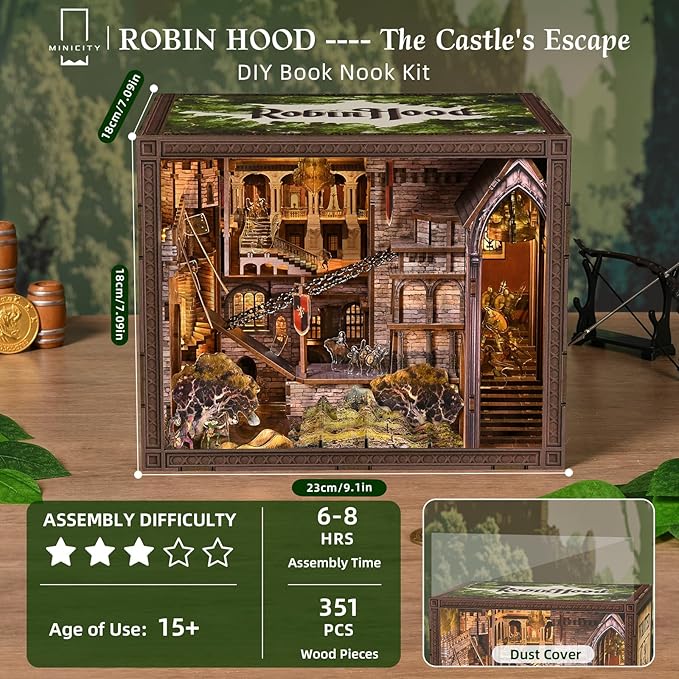 Book Nook Kit DIY Doll House Booknook Miniature Kit for Bookshelf Doll Houses for Adults Teen Halloween 3D Wooden Puzzle Bookends with Led Light and Dust Cover (Robin Hood)