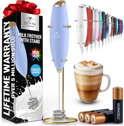 Zulay Kitchen Tornado Triple Whisk Milk Frother - Handheld Foam Maker for Coffee & Lattes | Lavender Color with 4 Duracell Batteries