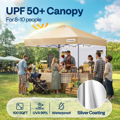 VIVOHOME 10x10ft Pop Up Canopy Tent with Sidewall and 6 Pockets, One Push Setup Outdoor Portable Shelter Tent Heavy Duty with Wheel Carry Bag and 4 Sandbags, Beige