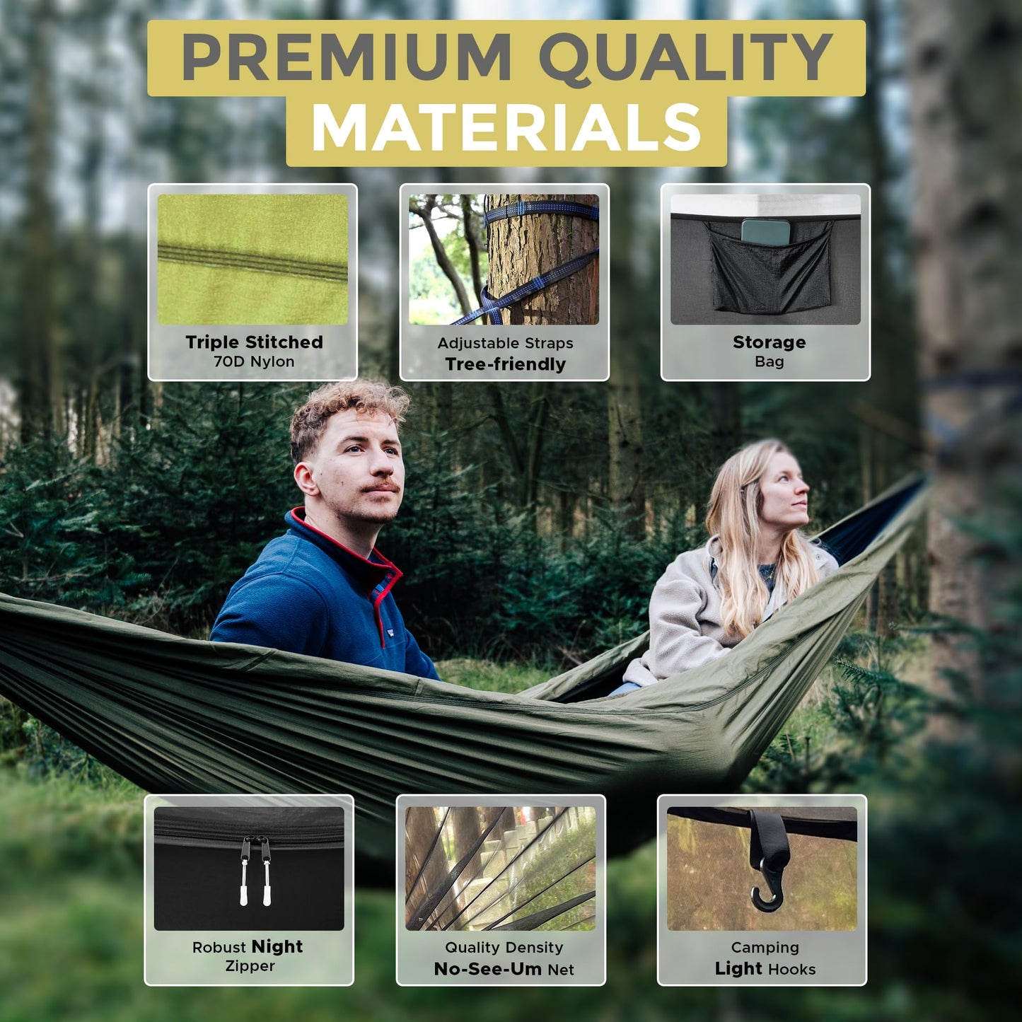 Miztli Camping Hammock with Net & Rain Fly All-in-1 - Double & Single Portable Hammock Ripstop Nylon, Complete Kit w/Adjustable Tree Straps for Backpacking, Outdoor, Travel