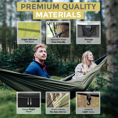 Miztli Camping Hammock with Net & Rain Fly All-in-1 - Double & Single Portable Hammock Ripstop Nylon, Complete Kit w/Adjustable Tree Straps for Backpacking, Outdoor, Travel