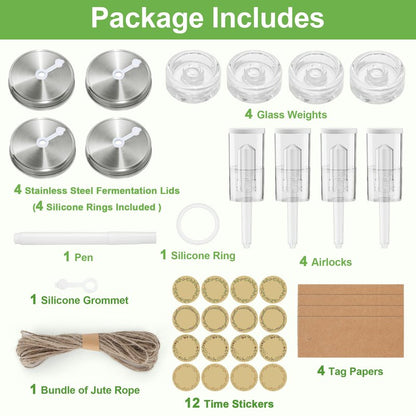 4-Pack Fermentation Kit for Wide Mouth Mason Jar, Included 4 Glass Fermenting Weights, 4 fermentation Lids, 4 Airlocks, 5 Silicone Rings, 5 Silicone Grommet, Pen Stickers Rope (Jars not Included)