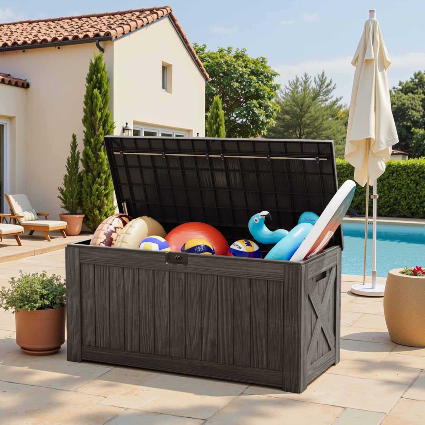 Greesum Outdoor Storage Box 120 Gallon Storage Bin with Lid for Patio Furniture, Garden Tools, Pool Supplies, Lockable, Waterproof and UV Resistant, Dark Brown