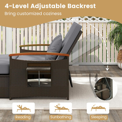 Tangkula Patio Rattan Daybed with 4-Level Adjustable Backrest, Outdoor Wicker Loveseat with Acacia Wood Armrest, Storage Ottoman & Folding Tray, Double Sunbed for Lawn Yard & Poolside, Grey & Brown