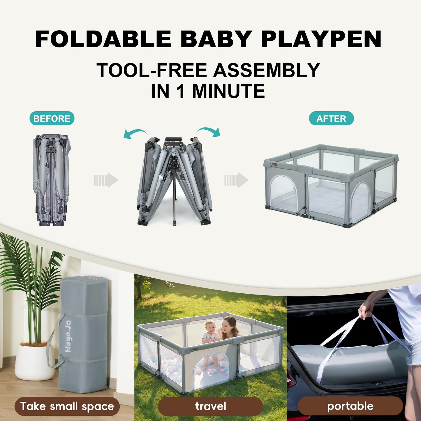 Foldable Playpen with Detachable Thicken Mat,59x71 Inches Portable Playpen,Collapsible Play Pen for Babies and Toddlers,Indoor & Outdoor Baby Fence Play Area,Cold Gray