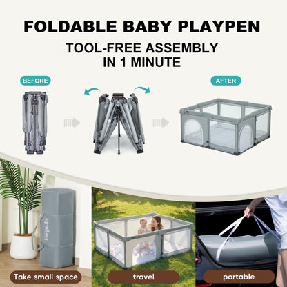 Foldable Playpen with Detachable Thicken Mat,59x71 Inches Portable Playpen,Collapsible Play Pen for Babies and Toddlers,Indoor & Outdoor Baby Fence Play Area,Cold Gray
