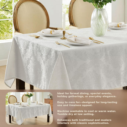 Newbridge Barcelona Luxury Damask Fabric Tablecloth, 70” Extra Wide x 144” Rectangle, White, 100% Polyester, No Iron, Soil Resistant Dining Room, Party and Banquet Table Cover