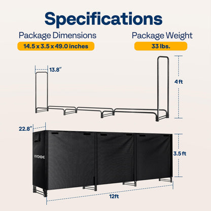 VIVOHOME 12ft Firewood Log Rack Cover, Heavy Duty 600D Oxford, Double Layer Outdoor Weather Resistant with 12 ft Heavy Duty Firewood Rack Outdoor with Cover, Fire Wood Storage Rack