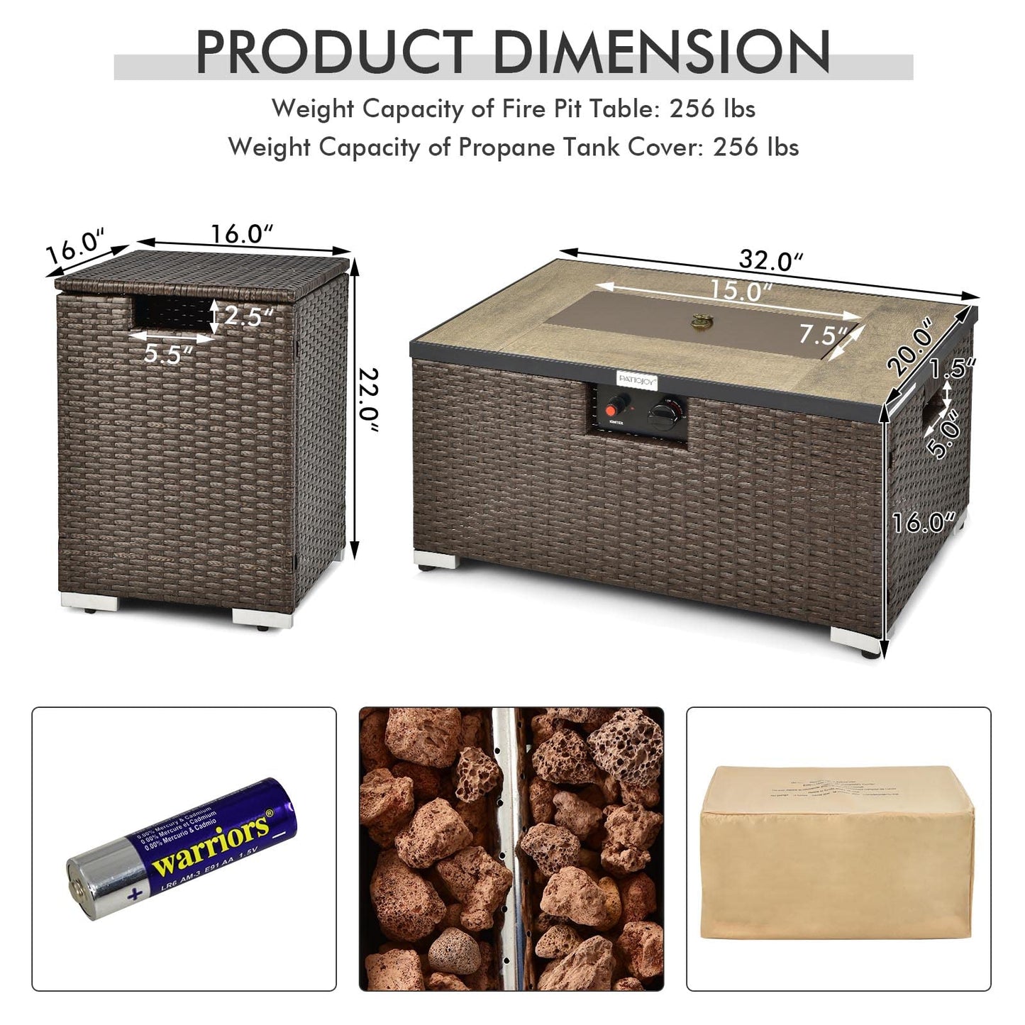 Tangkula 2 Piece Outdoor Propane Fire Pit Table Set with Hideaway Propane Tank Holder, 40,000 BTU Rattan Wicker Fire Pit Table with Lava Rocks, Waterproof Cover, Ideal for Backyard, Patio (Brown)