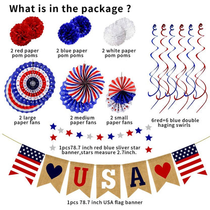 26Pcs Patriotic Decorations 4th of July Decorations LOVE USA Banner Red White Blue Paper Fans Star Streamer Pom Poms Hanging Swirls for Veterans Labor Presidents Flag Memorial Day