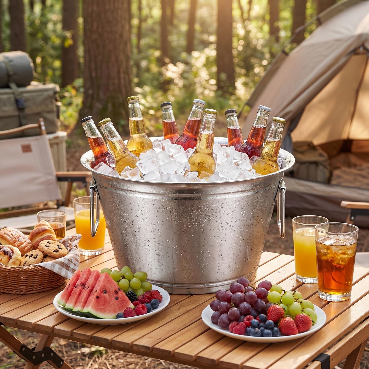 Maxdot 2 Pcs Stainless Steel Beverage Tub Large Champagne Buckets 20-Quart 5-Gallon Insulated Ice Bucket for Parties with Double Hinged Handle Heavy Duty Drink Cooler Tub Wine Beer Chiller for Party