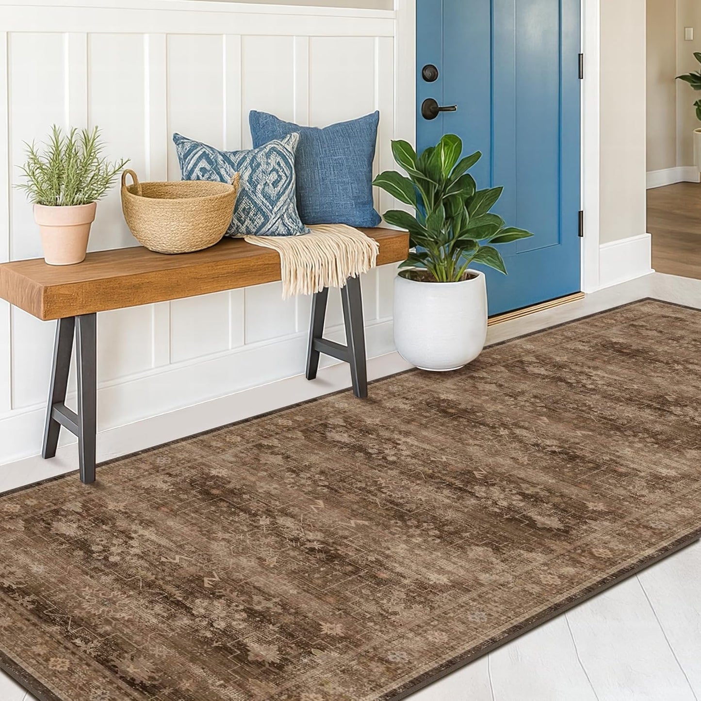 Skiennix Washable 10ft Hallway Runner Rug - Non-Slip Rubber Backing | Boho Vintage Brown 2'6"x10'