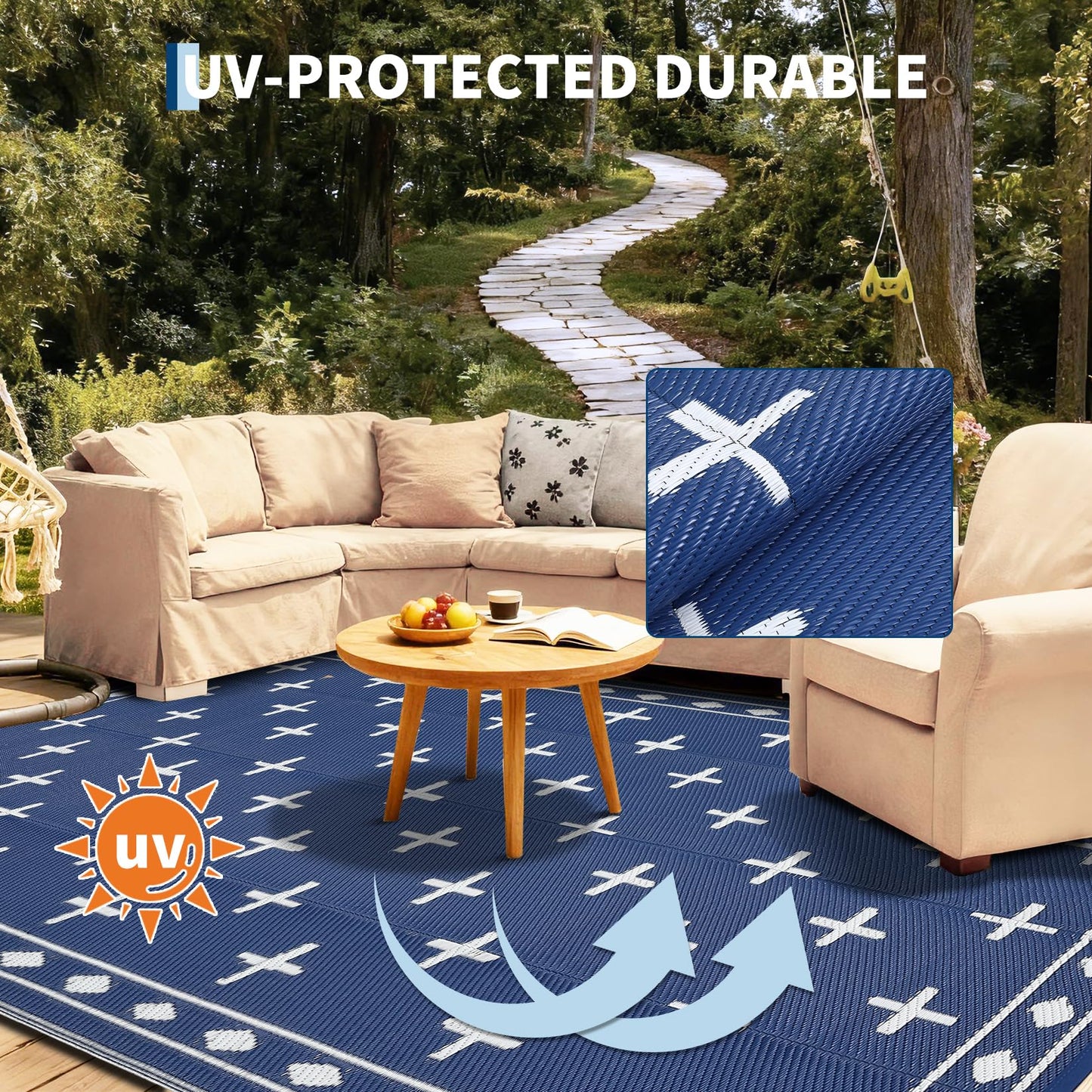 Garvee Large 9x18 Outdoor Area Rug, Waterproof Plastic Straw Mat with Framed Geometric Design for RV Awning, Patio, Deck, Garden, Camping, Beach and Backyard,Dark Blue