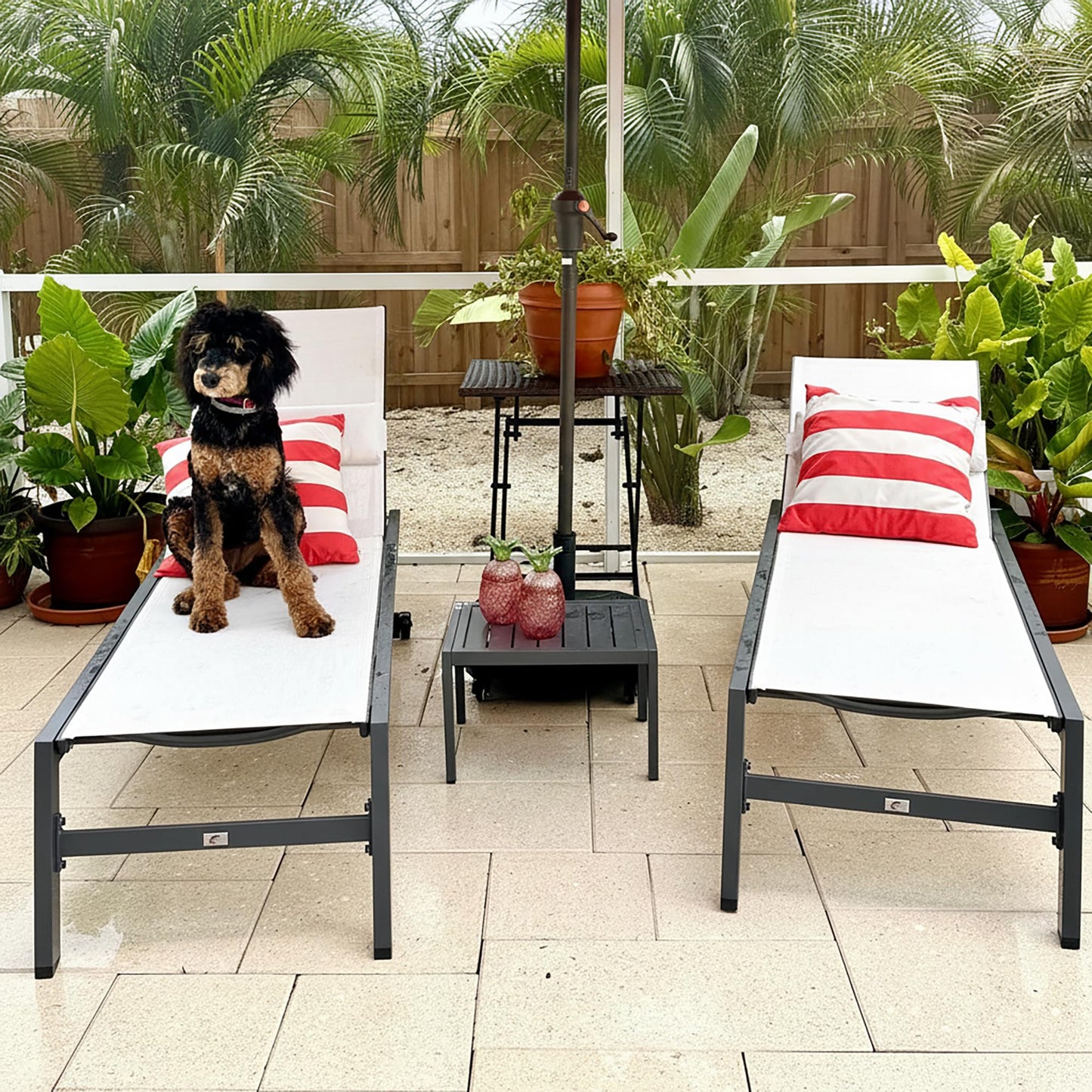 PURPLE LEAF Outdoor Lounge Chair Set of 3 Patio Chaise Pool Lounger Aluminum Frame with Side Table and Wheels for Outside Sunbathing Tanning Recliner Including Pillows White
