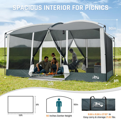 Screen House Tent 13x9ft Screen Room Mesh Gazebos w/ 2 Magnetic Doors, Included Projection Screen, Camping Tent Screened Canopy Shelter for Outdoor Patios Backyards Activities (Gray)