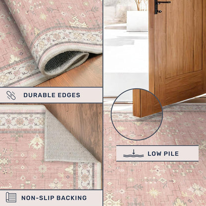 Regine Switzerland Blush Pink Girls Rug - Floral Area Rug 5x7, Machine Washable Non-Slip Play Mat