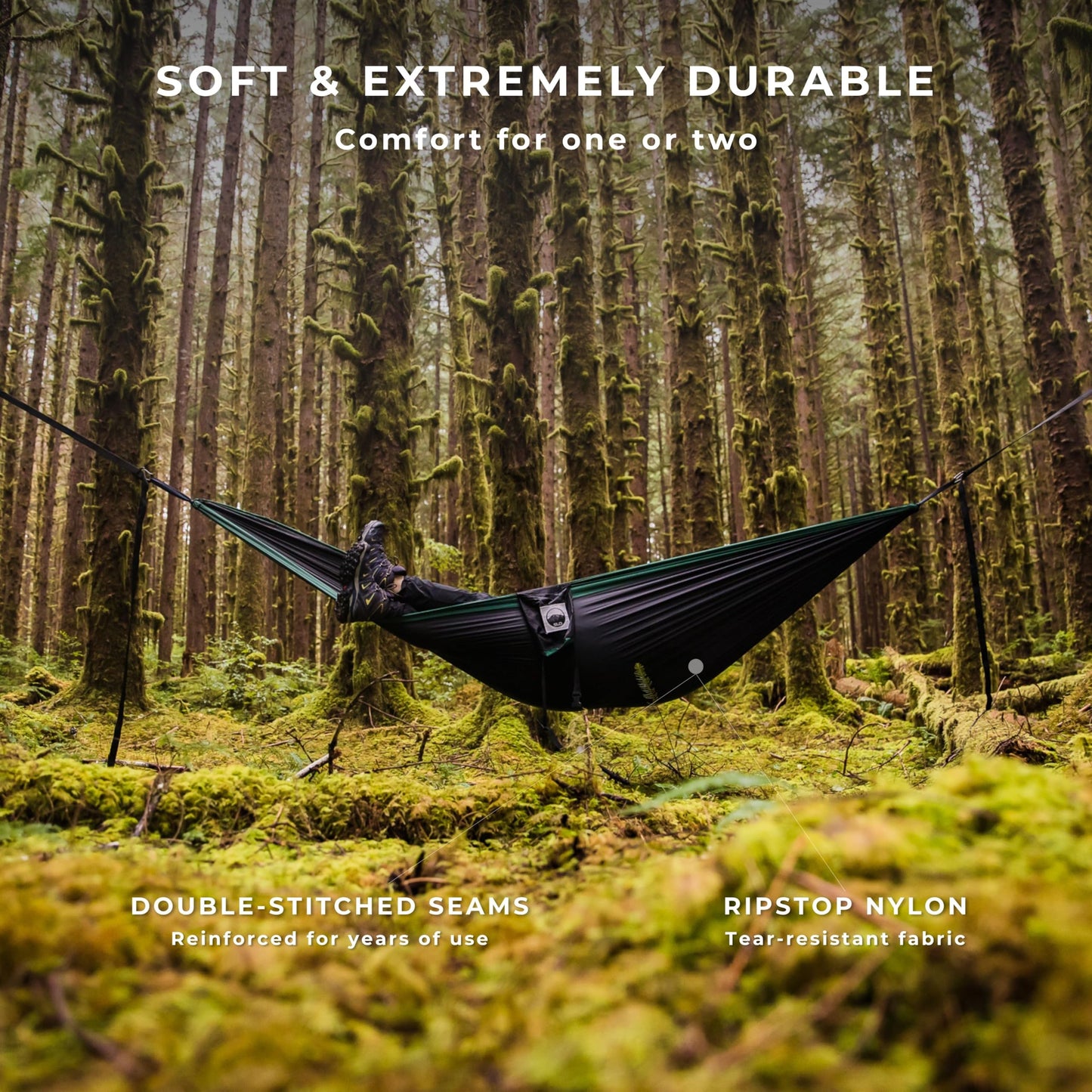 Camping Hammock with Bug Net and Rain Fly – Durable Ripstop Nylon Construction with 12’ Tree Straps, 5kn Carabiners, Tent Stakes and Waterproof Carry Bag