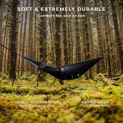 Camping Hammock with Bug Net and Rain Fly – Durable Ripstop Nylon Construction with 12’ Tree Straps, 5kn Carabiners, Tent Stakes and Waterproof Carry Bag