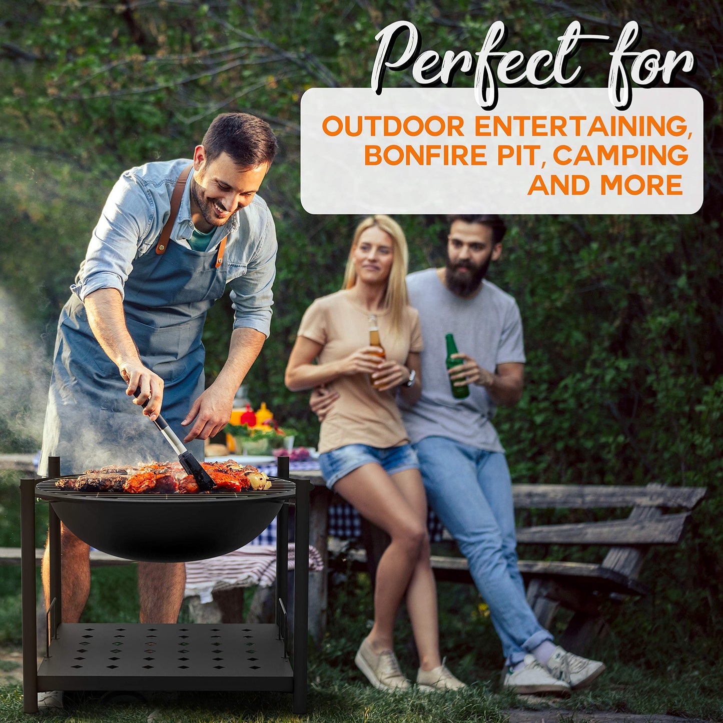 SereneLife Portable Outdoor 2-in-1 Steel BBQ Grill 26" Wood Burning Fire Pit Bowl w/ Mesh Spark Screen, Cover Log Grate, Fire Poker for Camping, Picnic, Bonfire SLCARFP54.5