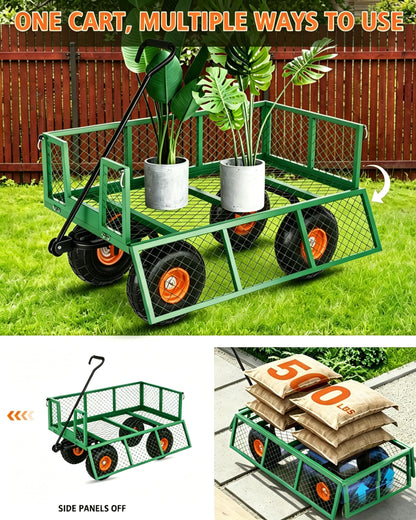 Garvee Steel Garden Cart, 500 LBS Capacity Utility Outdoor Wagon, Heavy Duty Mesh Garden Metal Wagon with Removable Sides, Flexible Handle for Yard, Lawn, Garden