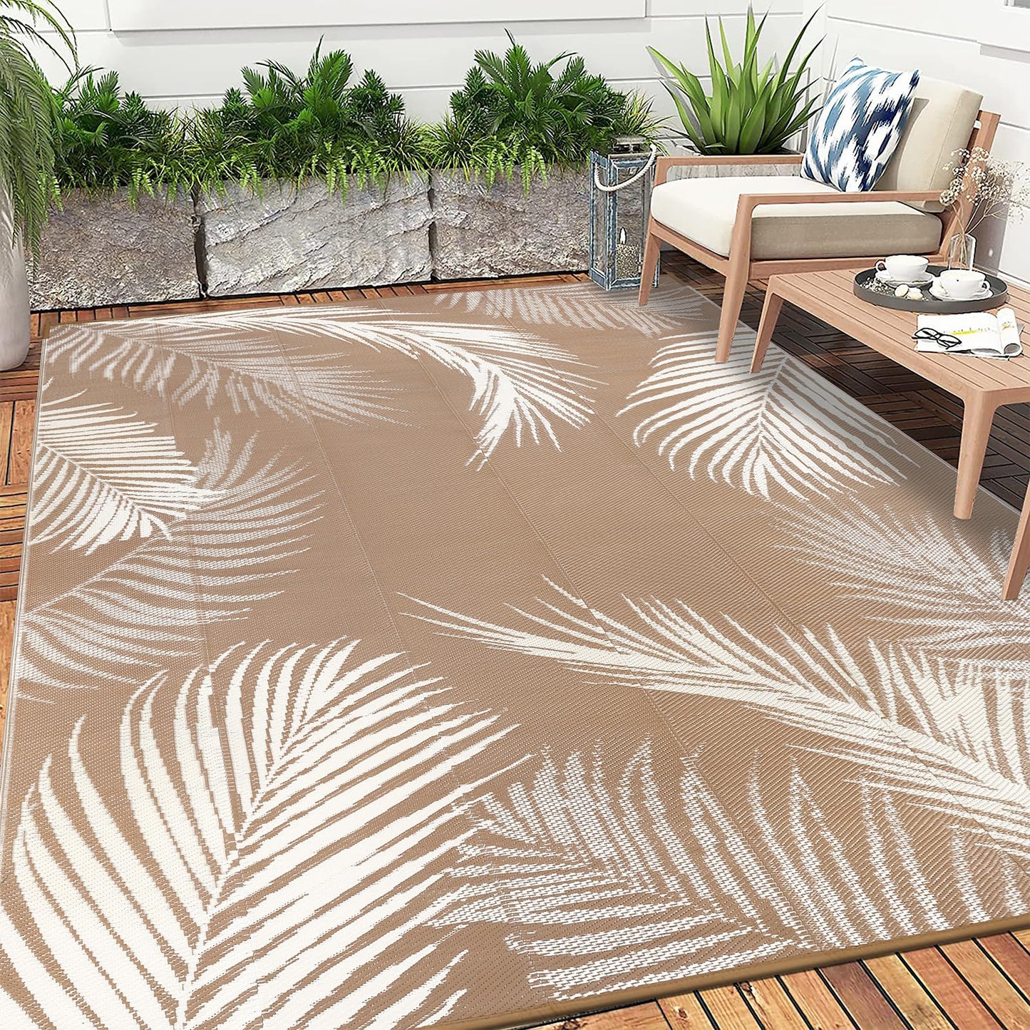 Pauwer Waterproof Outdoor Rug 10x14, Reversible Plastic Straw Patio Camping Rug, Indoor Outdoor RV Mat Carpet for Deck, Camper, Porch, Balcony, Backyard, Picnic, Leaf Brown