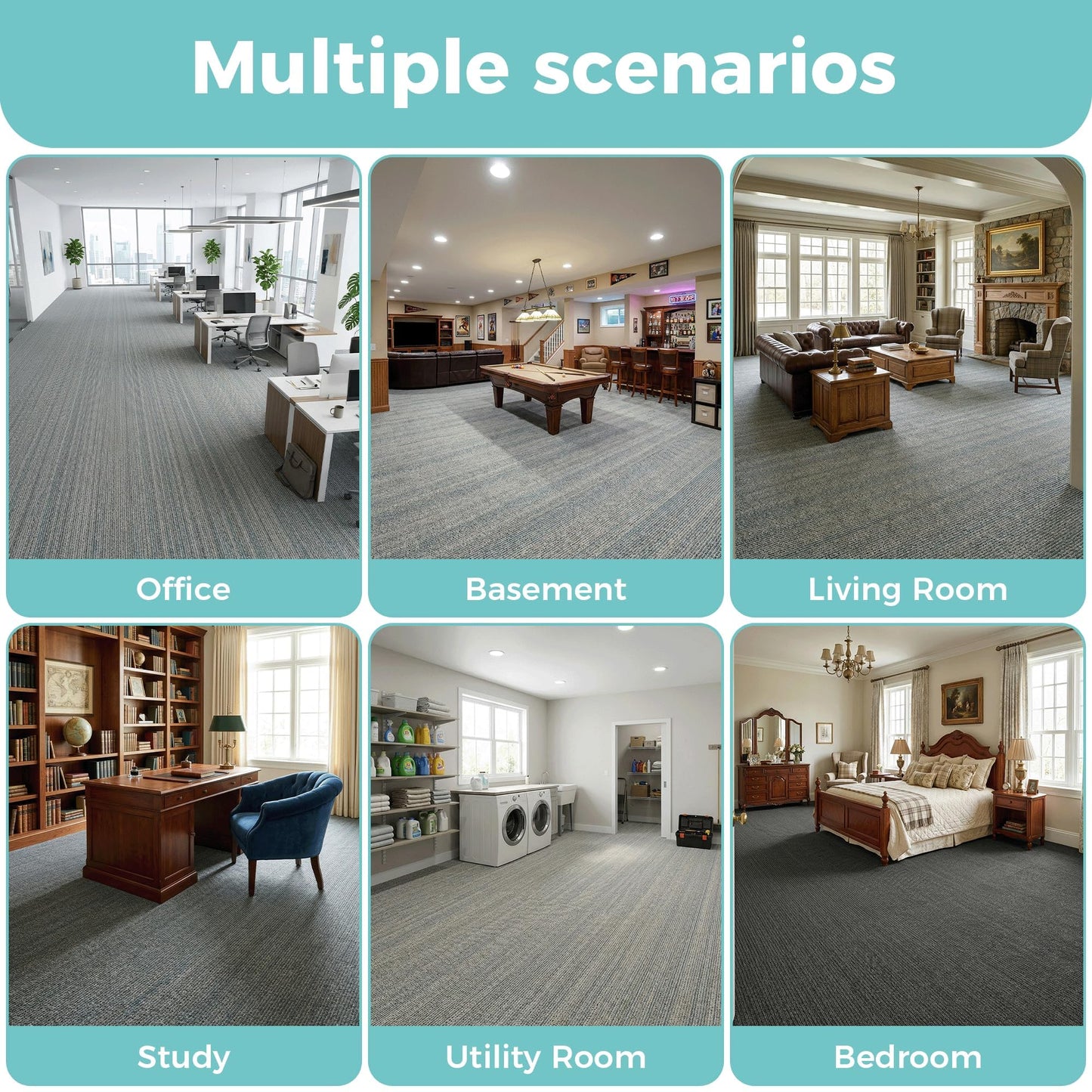 jxgzyy Commercial Carpet Tiles 20x20in, 0.31" Thickened Carpet Squares with Silicone Backing, Heavy Duty Carpet Floor Tiles with Padding Attached for Home Office Garage Hotel, 16 Pcs/43.2 Sqft