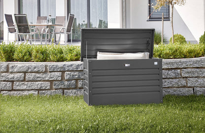Biohort LeisureTime Metallic Dark Gray Deck Box - 51 Gallon Metal Outdoor Storage, Locking, Waterproof, for Tools, Cushions, Pool & Package Chest, Soft Close Size: 18in x 40in x 25in
