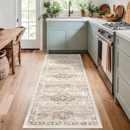Hazo Haus Boho Bathroom Runner Rug - Washable Non-Slip Design | Soft Stain-Resistant 24" x 72" Beige Floral Decor
