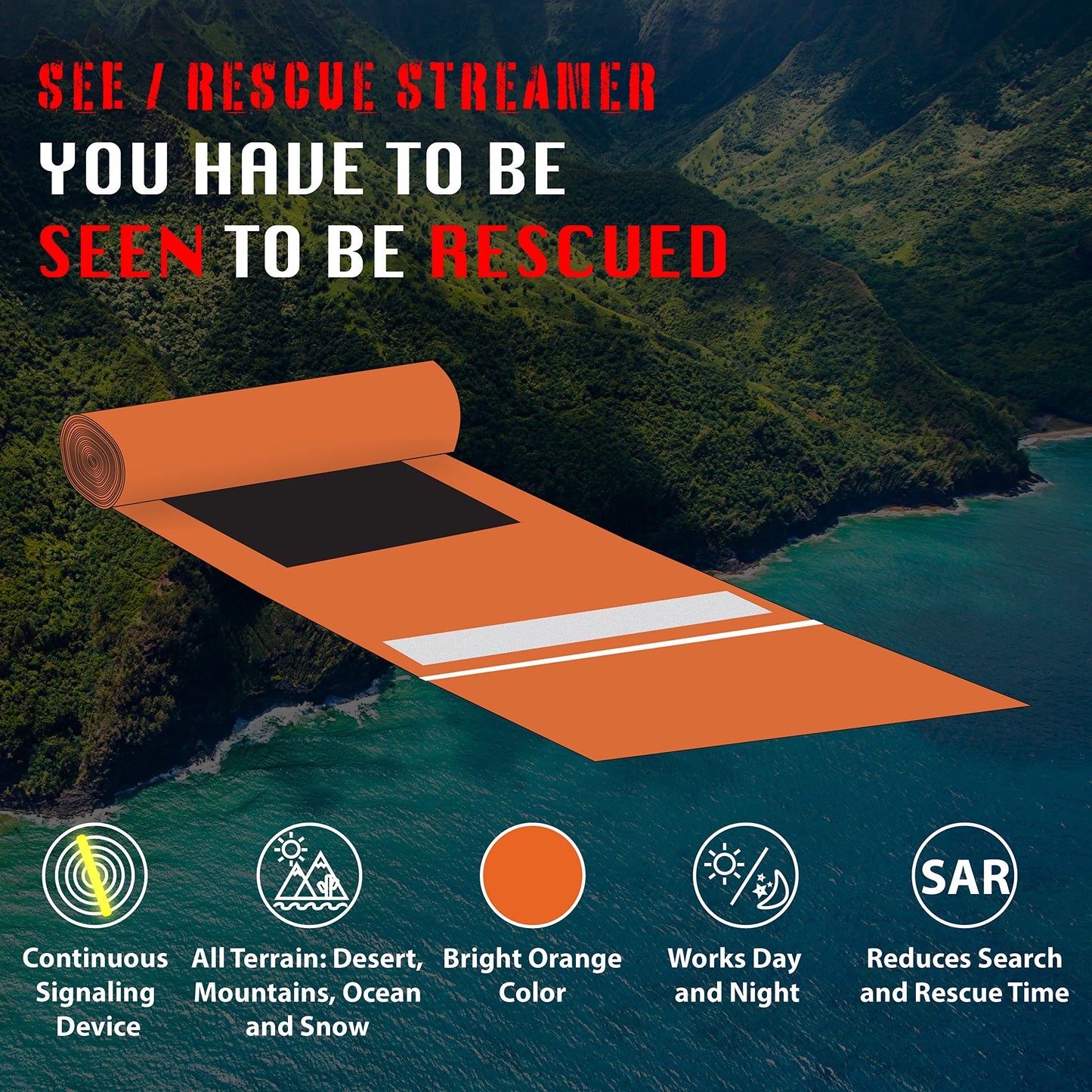 SEE/RESCUE Streamer Survival Tool - The Easy to Use, Portable Rescue Device to Use on Land, Sea, or Snow, Day or Night When Lost or Stranded to Provide Continuous Visibility, Personal Lighted Streamer