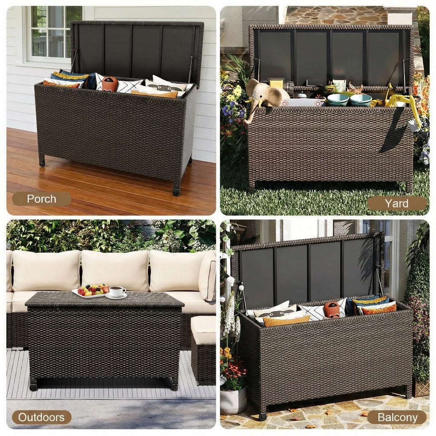 185 Gallon Wicker Deck Box, All-Weather Outdoor Storage Bin with Rattan Finish, Large Capacity for Patio Furniture, Cushions, Pool Supplies & Garden Tools (Brown)