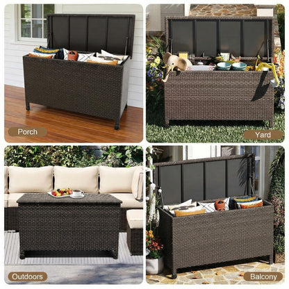 185 Gallon Wicker Deck Box, All-Weather Outdoor Storage Bin with Rattan Finish, Large Capacity for Patio Furniture, Cushions, Pool Supplies & Garden Tools (Brown)
