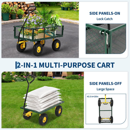 900 Lb Capacity Heavy Duty Steel Garden Cart – 2-in-1 Utility Wagon with Removable Mesh Sides, 10" All-Terrain Tires, Flatbed Conversion, 180° Rotating Handle – Perfect for Lawn, Garden & Backyard