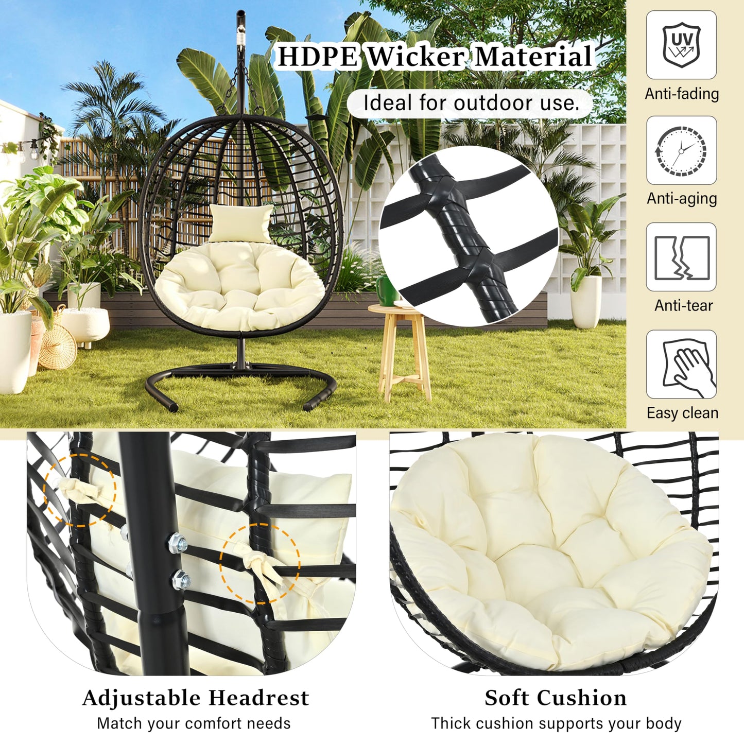 Merax Folding Hanging Egg Chair with Stand, Indoor Outdoor Wicker Hammock Swing Chair with Adjustable Anti-Slip Feet for Balcony, Bedroom, Garden