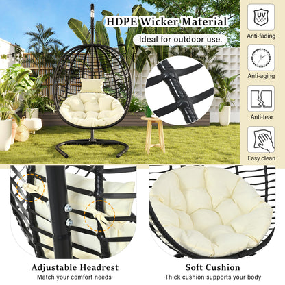 Merax Folding Hanging Egg Chair with Stand, Indoor Outdoor Wicker Hammock Swing Chair with Adjustable Anti-Slip Feet for Balcony, Bedroom, Garden