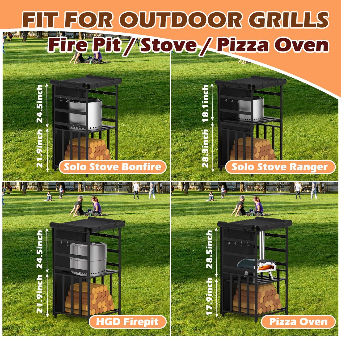 MOASKER Firewood Storage Rack for Solo Stove Bonfire Ranger Yukon Fire Pit Accessories, Black Steel with Powder Coated Finish, Adjustable Shelves, Waterproof Cover, 29.9" x 25.6" x 52.9"
