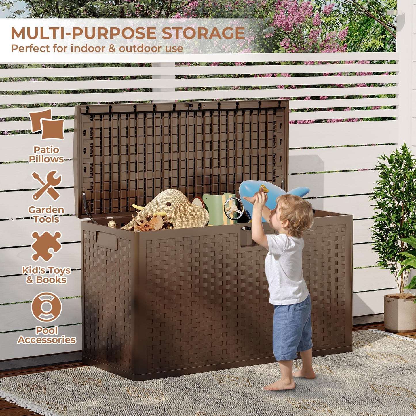 Hetoy 99 Gallon Resin Deck Storage Box, Waterproof Weather-Resistant Outdoor Storage Bin, Lockable Design for Patio Cushions, Garden Tools and Package Delivery, Brown