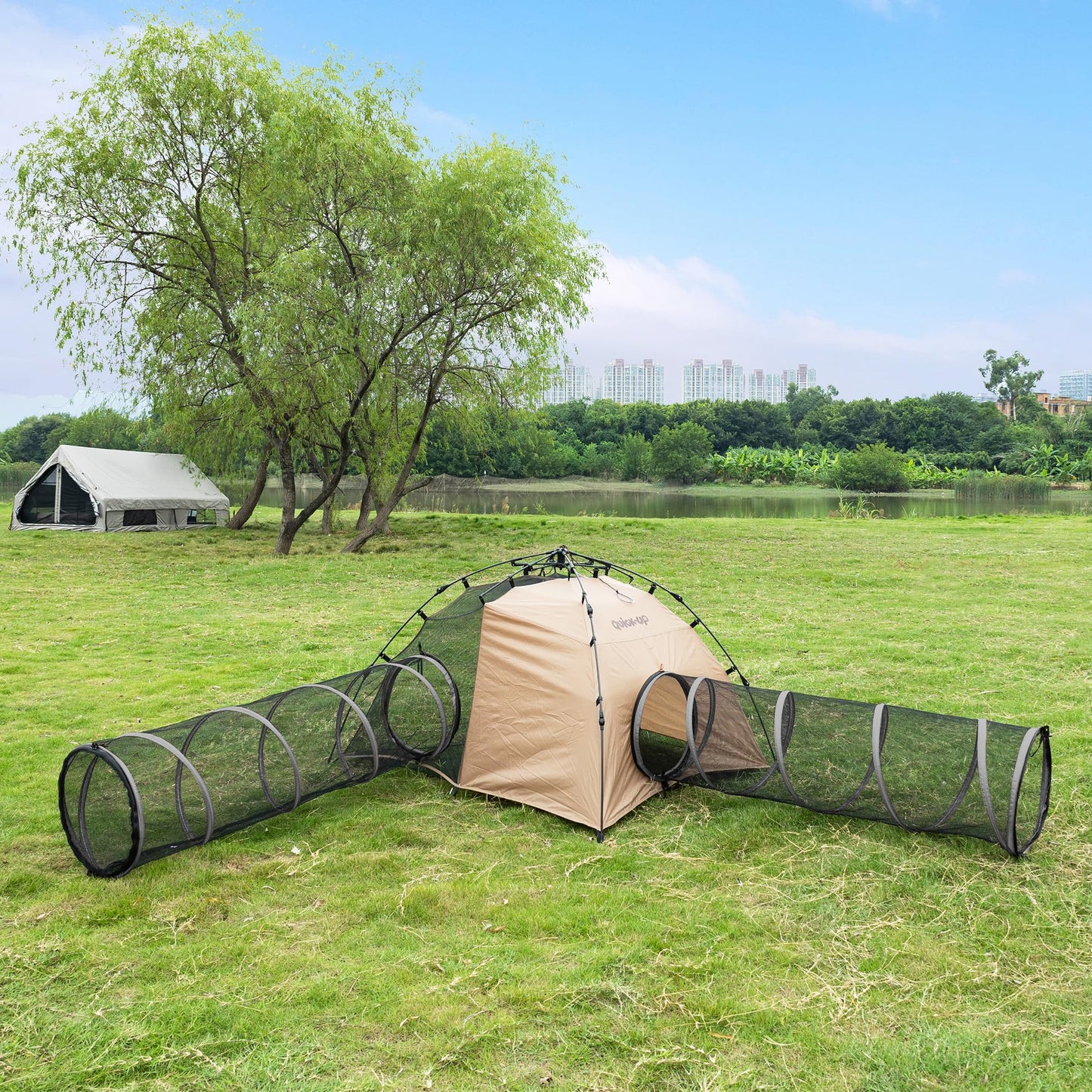 Pop-Up Cat Tent with Pet Bed and 2 Tunnels - Dual Room Kitty Hideaway for Playing & Napping, Scratch-Resistant Mesh, Detachable DIY Interactive Cat Play Set, Portable Indoor Outdoor Cat Cave