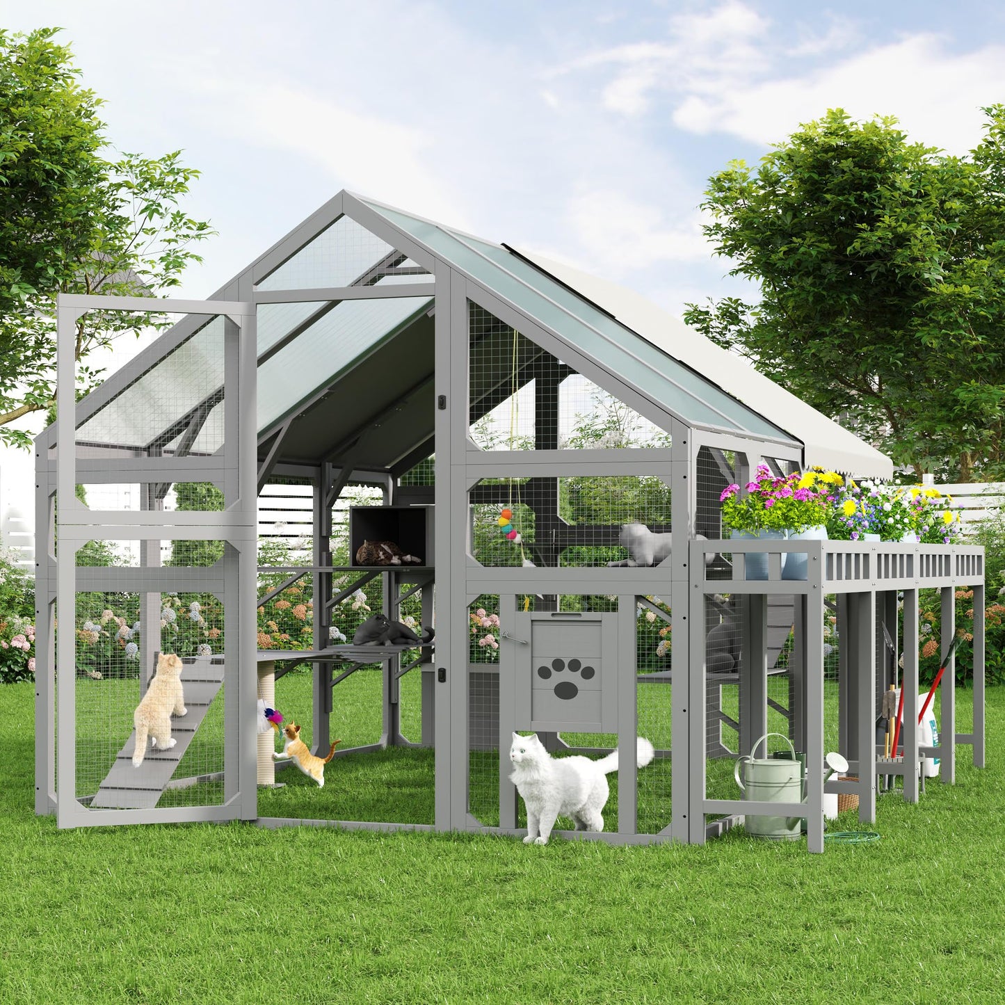 Merax Large Outdoor Cat House with Planter Stand, Wooden Walk-in Catio Enclosure with 8 Platforms, Hanging Bridge, 2 Resting Boxes, Scratching Post, Waterproof Cover for Patio Garden, Grey