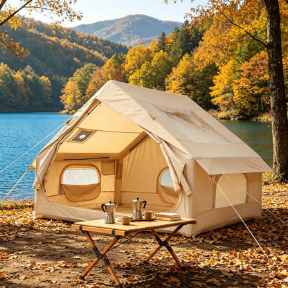 Inflatable Camping Tent for 2-6 Person, Quick Setup Blow Up Tent with Hand Pump, Waterproof 4 Season Air Glamping Tent with Skylight, Mesh Windows & Stove Jack, for Camping, Beach, Outdoor