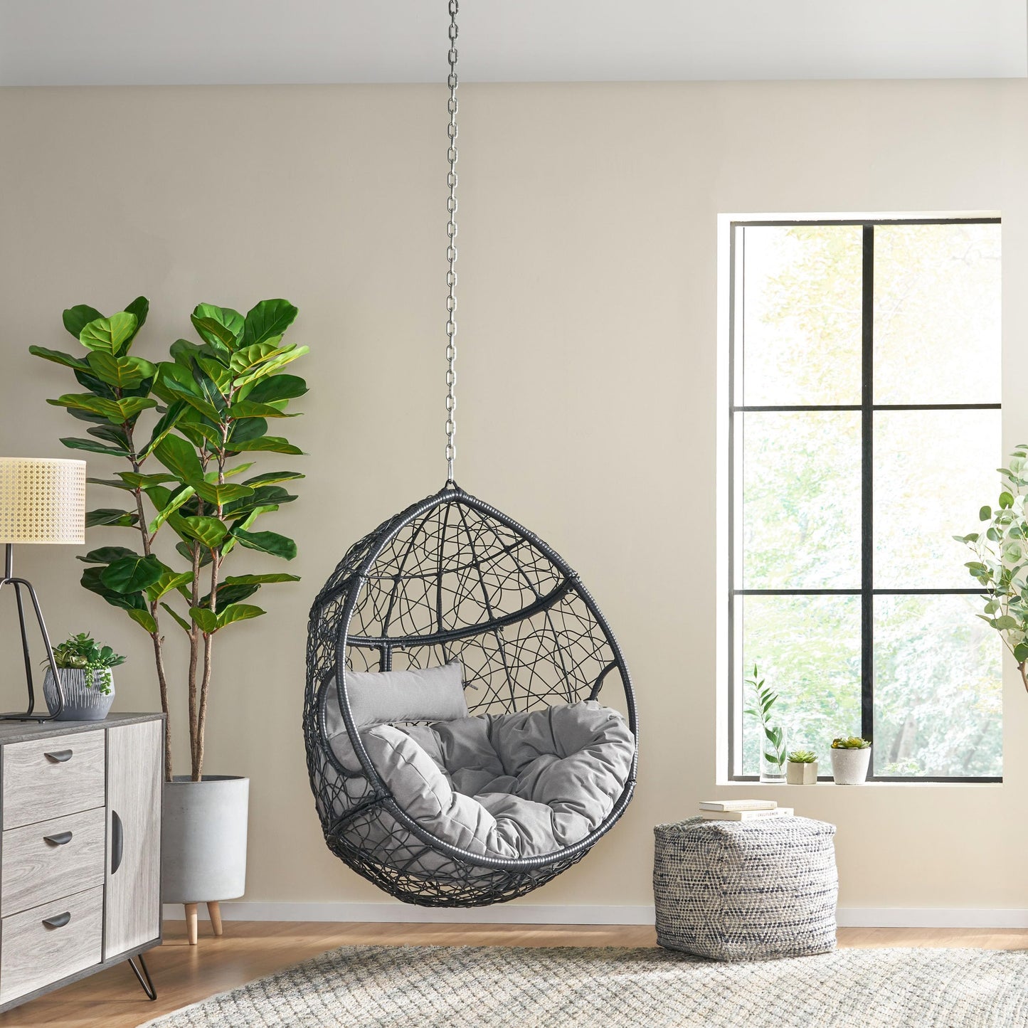 Merax Modern PE Wicker Egg Hanging Chair with Cushion, Outdoor Swing Rattan Chair for Balcony Bedroom, Backyard Gray+Black