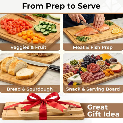 Set of 3 Bamboo Cutting Boards for Kitchen - Thick & Durable Wood Cutting Boards Set with Deep Juice Grooves & Build-in Handles, Large Surface, Easy to Clean – for Meat, Vegetables and Fruits